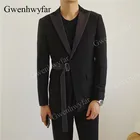 Новый черный мужской свадебный костюм Gwenhwyfar 2020 с темно-серым бархатным поясом и лацканами, облегающие смокинги для молодых мужчин, комплект из 2 предметов