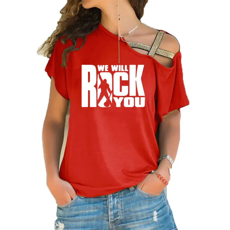 We Will Rock You, женская футболка, летняя, queen, рок-группа, футболка, короткий рукав, хлопок, рок-ролл, для женщин, с неровным перекосом, крест, топы - Цвет: 13