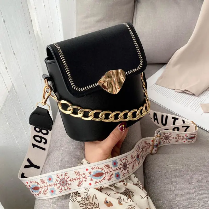

Women's Bucket Bag 2020 New Metal Chain Solid Color Sequins Flap Crossbody Bag Wide Shoulder Strap PU Handbag
