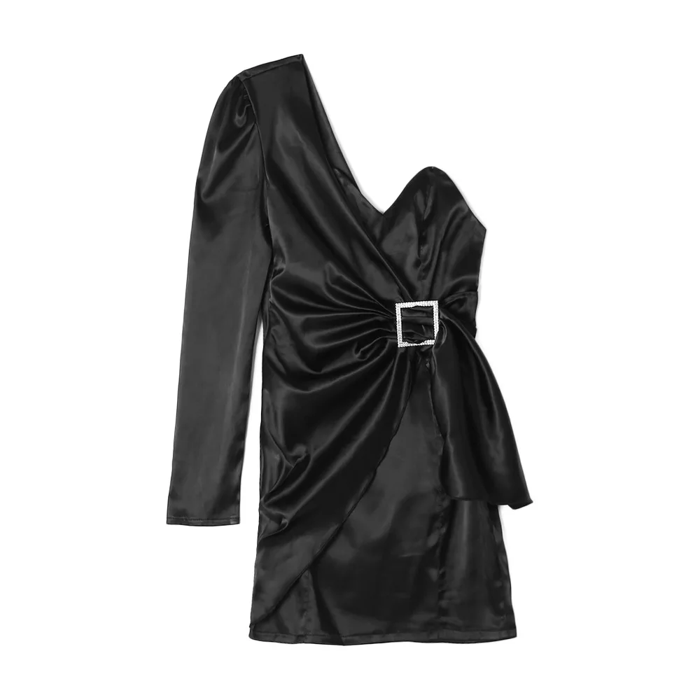 Сексуальное платье на одно плечо вечерние Для женщин тонкий пояс Длинные рукава V