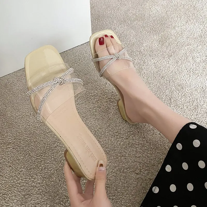 

Shoes Med Womens Slippers Outdoor Transparent Heel Glitter Slides Fashion Square heel Pantofle Jelly Soft Luxury Block 2021 Rubb