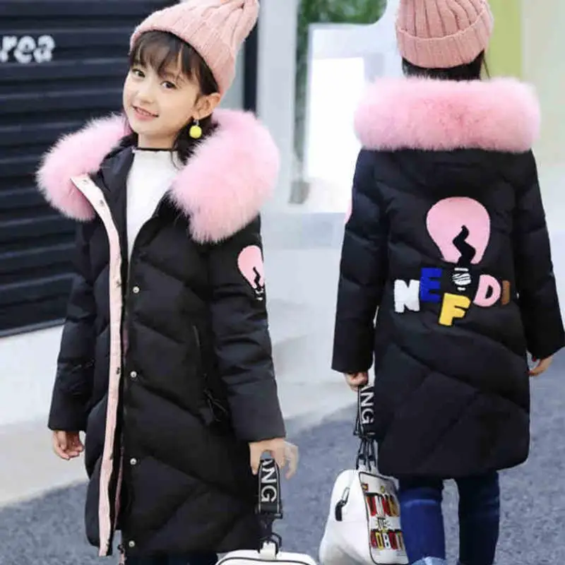 

Cute Winter Fur Hooded Kids Girl Parkas Raincoat Teen Warm Long Windbreaker Children Thicken Cartoon Outerwear 4 10 12 Years