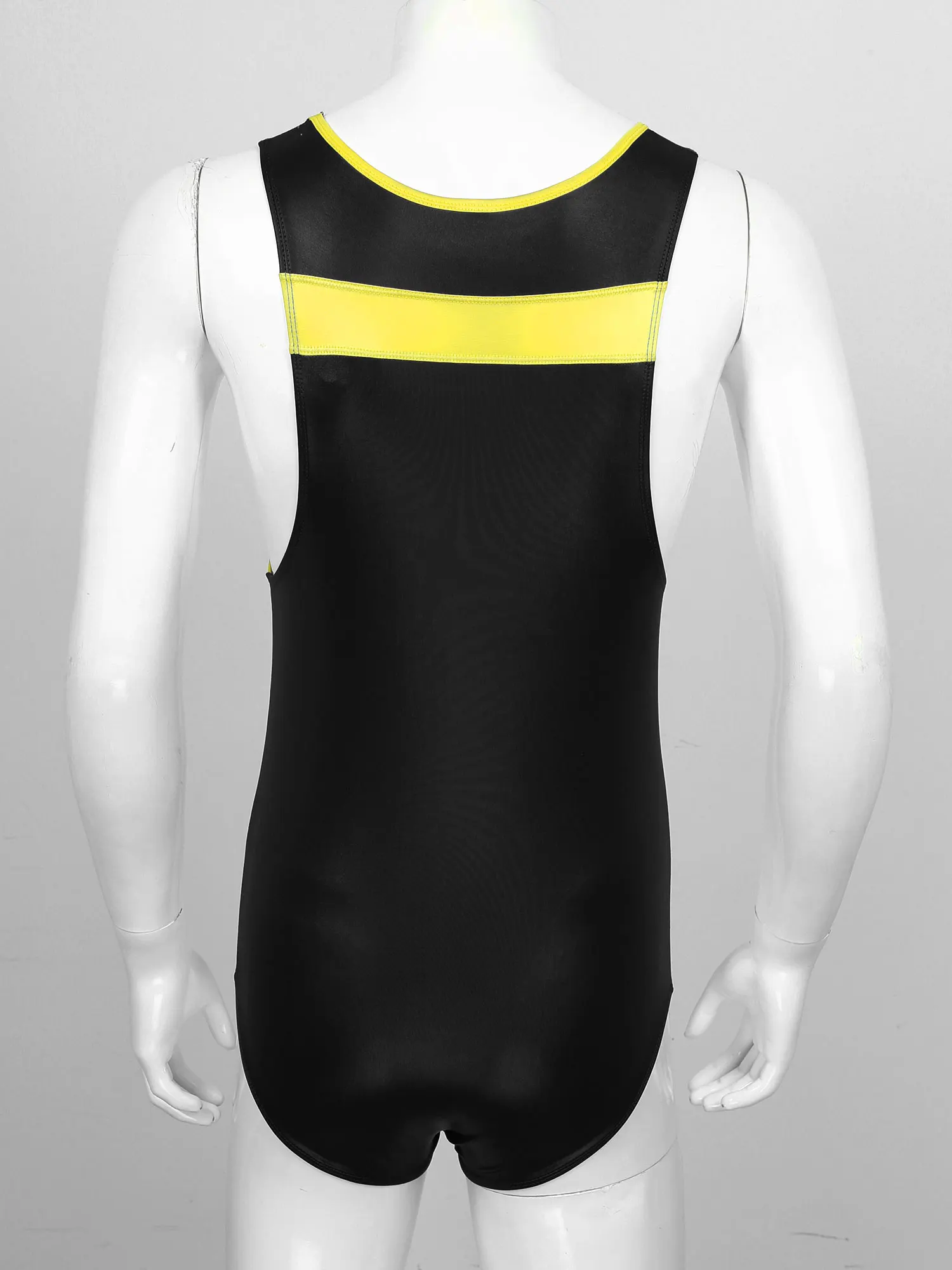 

Mens Sexy Teddies Bodysuit Sleeveless Bodysuit Stretchy Patent Leather Patchwork Gymnastic Jockstraps Pouch Lingerie Underwear