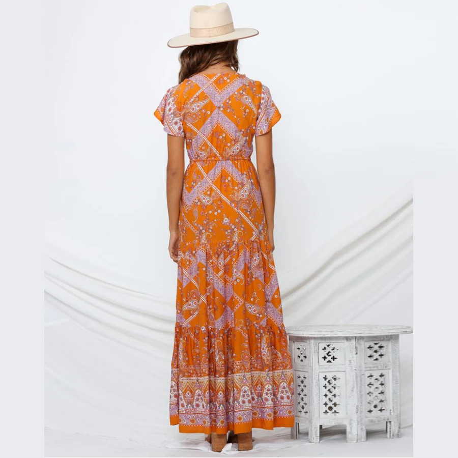 Женское платье макси из вискозы с цветочным принтом и V образным вырезом|Женские