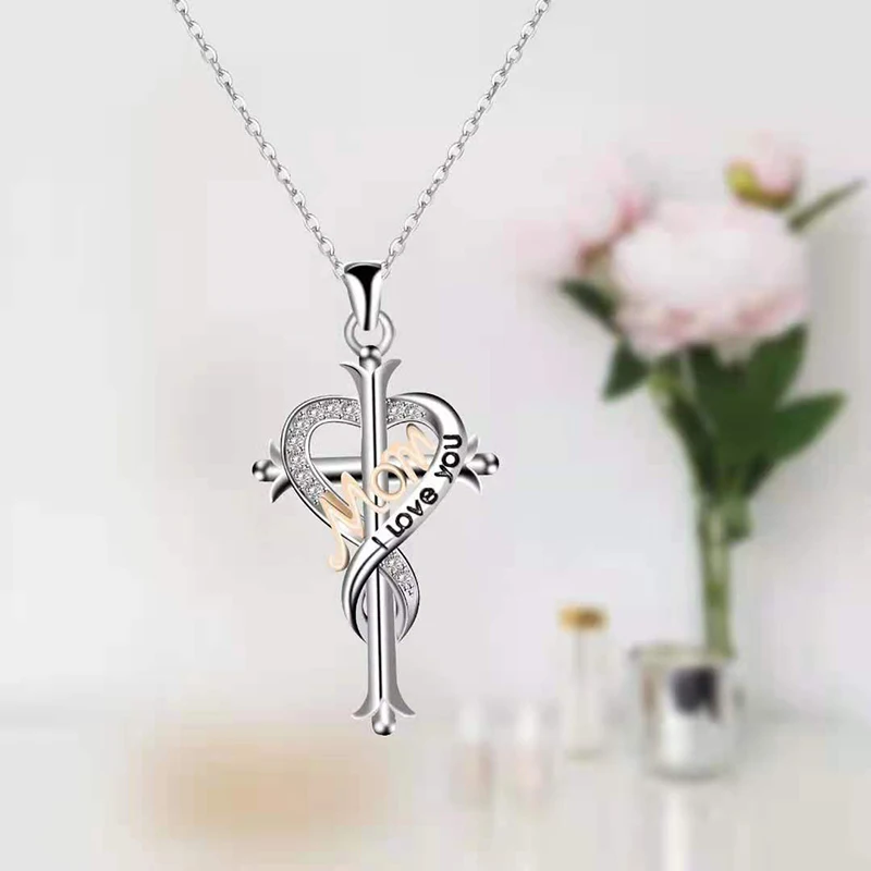 

Silver Diamond Cross Heart Shaped Religious Alloy Necklace Letter MOM for Mother Jewelry Gift Love Neck Fashion Pendant Necklace