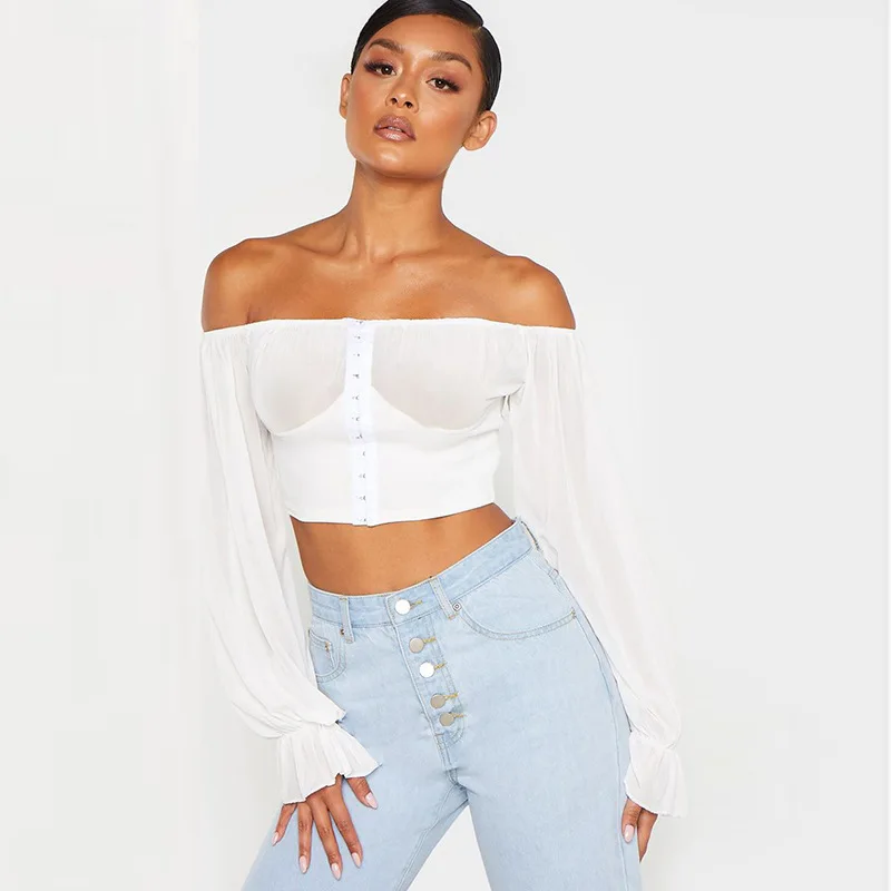 2019 осень сексуальные платья с открытыми плечами сетка пэчворк для женщин блузки