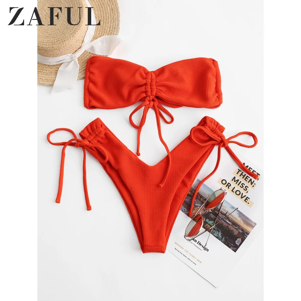 

ZAFUL Bright Orange Textured Cinched High Leg Bikini Swimwear For Women Sexy Halter Bralette Bikini Sets Two Pieces Swimsuits