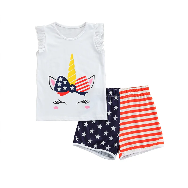 

Наряды для девочек 4 июля, милые топы с рукавом-мухой и мультяшным принтом + шорты, комплект на День Независимости, 1-6 лет