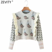 zevity 2022 new women sweet floral jacquard pleat ruffles slim knitting sweater female chic basic o neck pullovers tops sw994