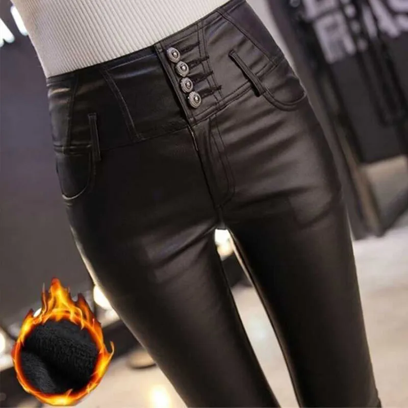 Black thick-velvet Черные женские брюки из искусственной кожи; сезон осень-зима; узкие брюки-карандаш с высокой талией для женщин; коллекция года; модная повседневная одежда для женщин - Цвет: Black thick-velvet