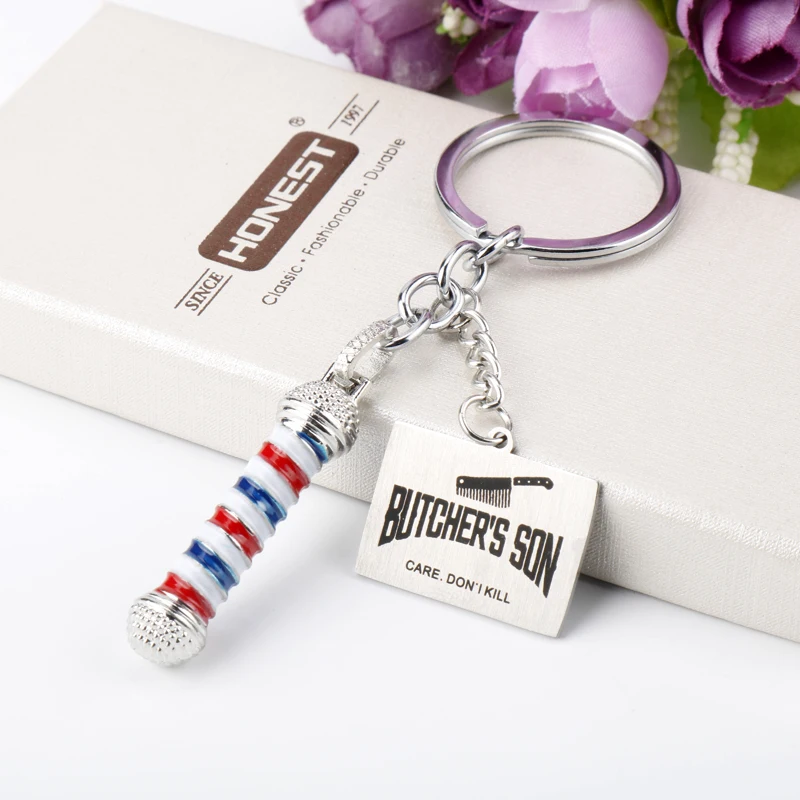 

Mini Barber Shop Pole Key Chain Butcher's Son Alloy Keychain Accessories Pendant Key Ring Charms Keychains for Ladies