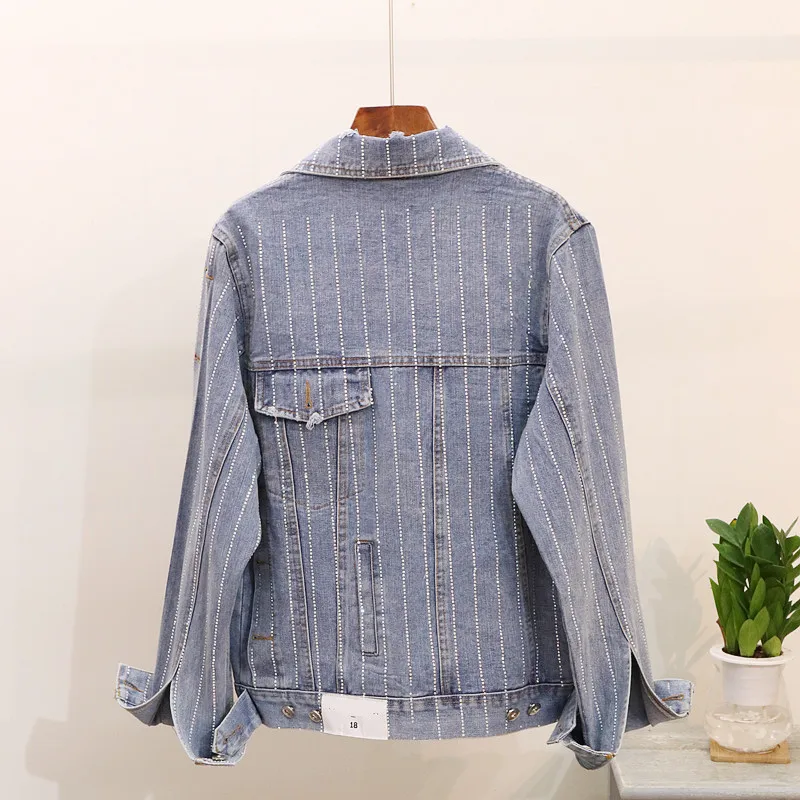 Осеннее джинсовое пальто женское в полоску со стразами|Женские куртки| |