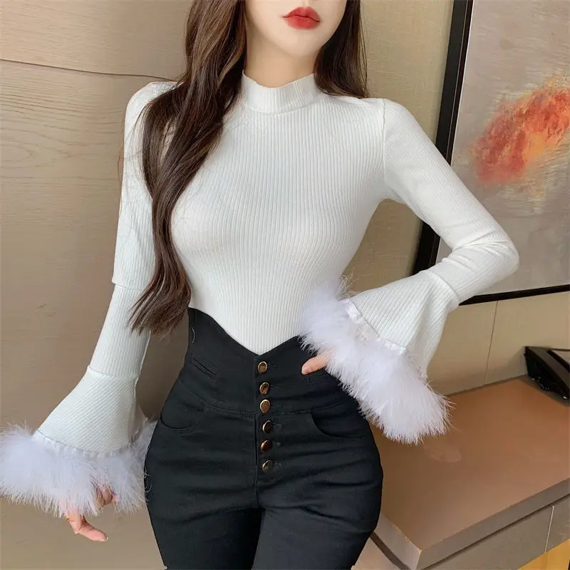 

Sexy Short Knitted Caridgan Korean Fur Decoration Long Sleeve O-neck Knitwear 2021 Spring New Women Sweater