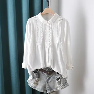 Lamtrip уникальный и кружевным переплетением, Kawaii с воротником в стиле Питер Пэн английская Блузка-пуловер Хлопок 100% белый короткий топ