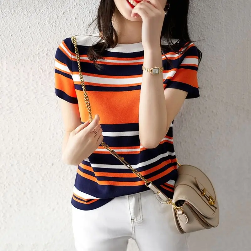 

Ladies spring and summer new color matching striped short sleeve T-shirt sweater top