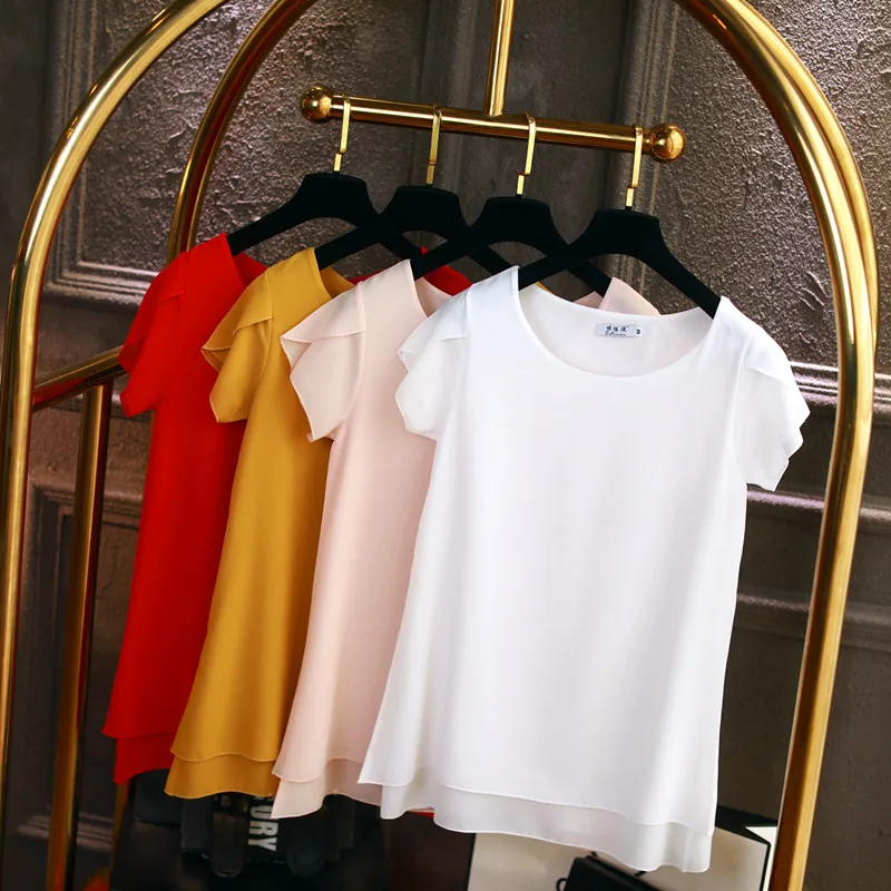 2020 новая женская шифоновая блузка летняя однотонная блуза с коротким рукавом