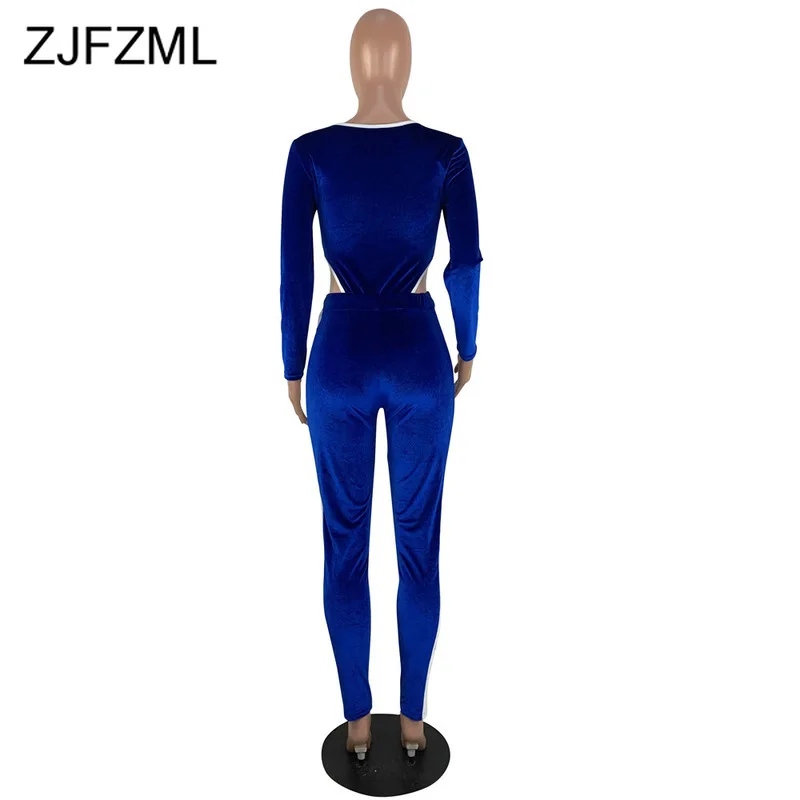 

Velvet Stripe Sexy 2 Piece Tracksuits Women U Neck Zipper Long Sleeve Bodysuit + Pencil Pants Autumn Winter Two Pieces Set Suits