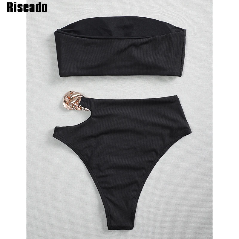 

Riseado Solid Sexy Bikini 2021 Cut Out Women's Swimsuit Chain Swimwear Bandeau Bathing Suit Ribbed Beachwear 2021 New Summer