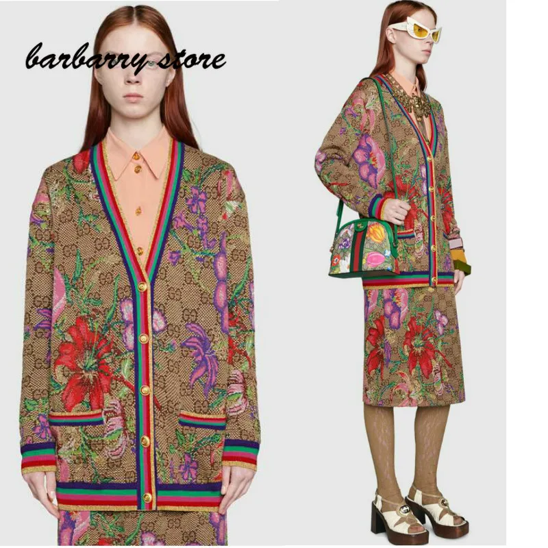 

Spring summer high quality gold jacquard women's fashion four piece knitted cardigan long sleeve short sleeve half skirt suit