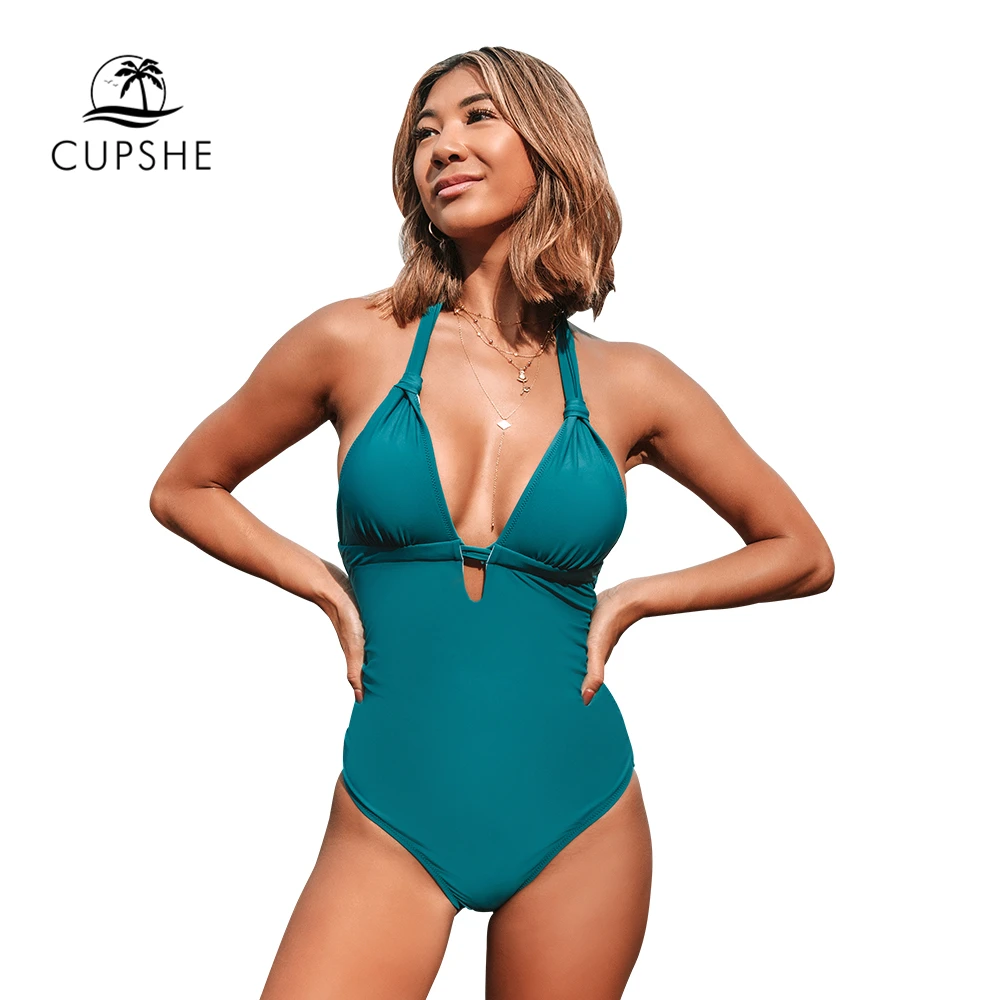 CUPSHE Одноцветный сине бирюзовый Цельный купальник с завязками на шее сексуальный