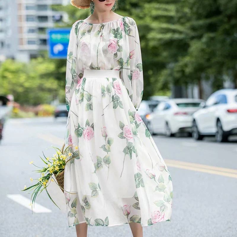 

Summer 2020 New Bohemian Retro Print Long Sleeve Top Slim Temperament Women Half Skirt Chiffon Two-Piece Set High Quality