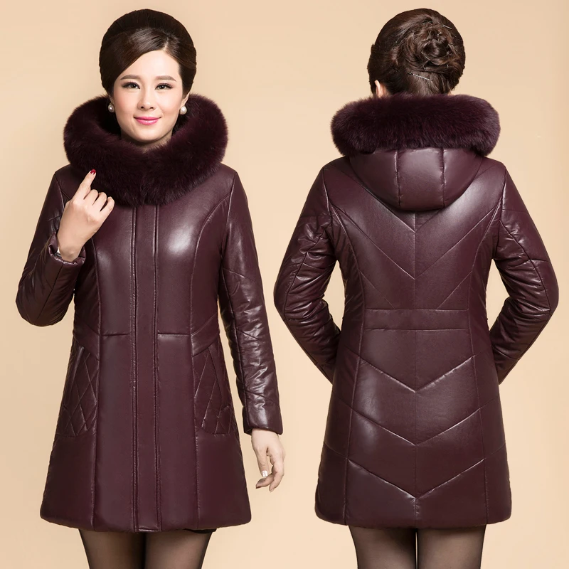 Женское кожаное пальто зимняя куртка размера плюс 6XL с капюшоном толстое теплое
