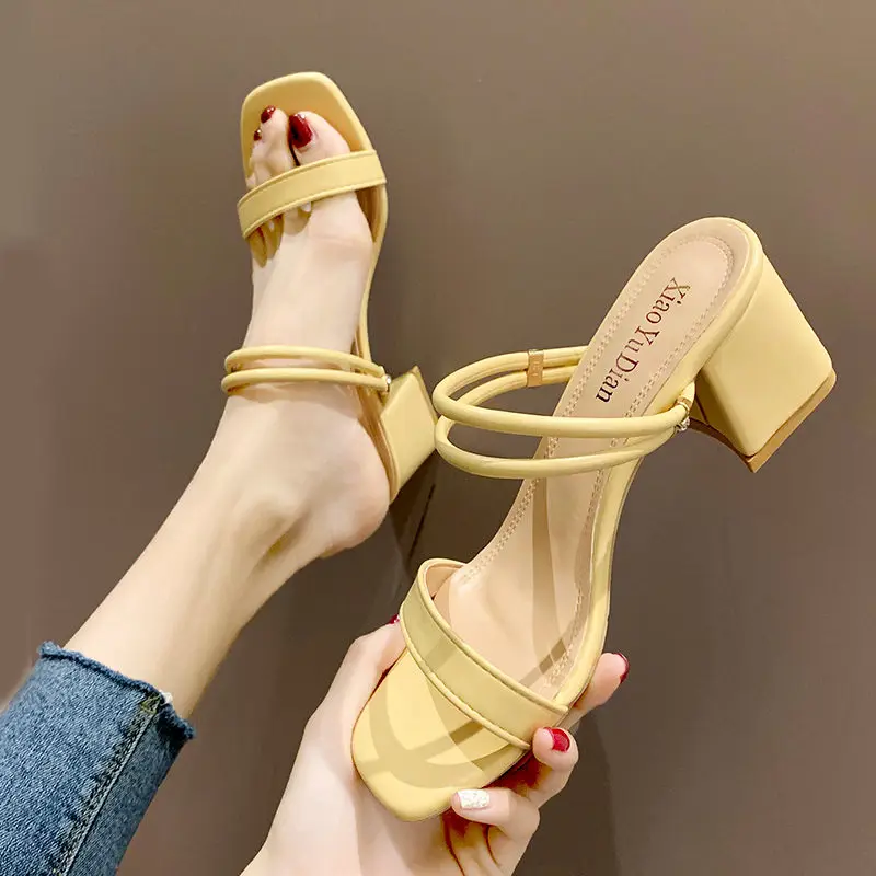

2021 New Summer Sandals Slippers Women Fashion Thick Heel 6CM High Heels Female Ins Trendy Women's Beige Shoes