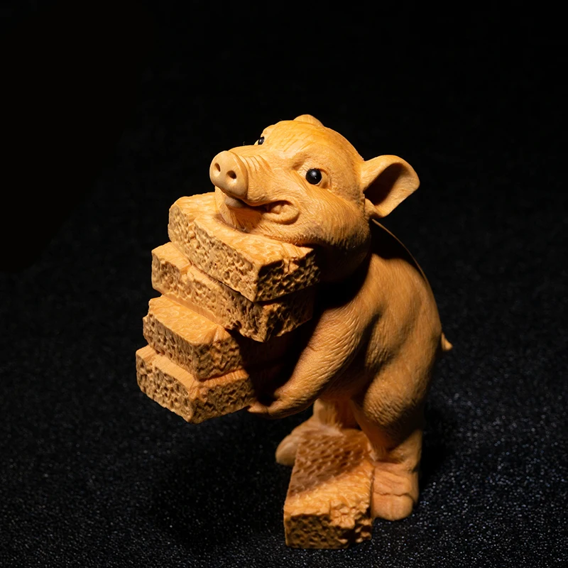 9 см маленькая прилежная деревянная статуя свиньи животного Boxwood украшение дома