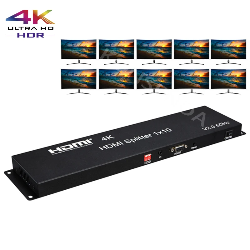 

4K 60Hz HDMI2.0 Splitter 1x10 3D Video Converter Distributor HDMI splitter 1 In 10 Out with EDID RS232 Computer Laptop PC TO TV