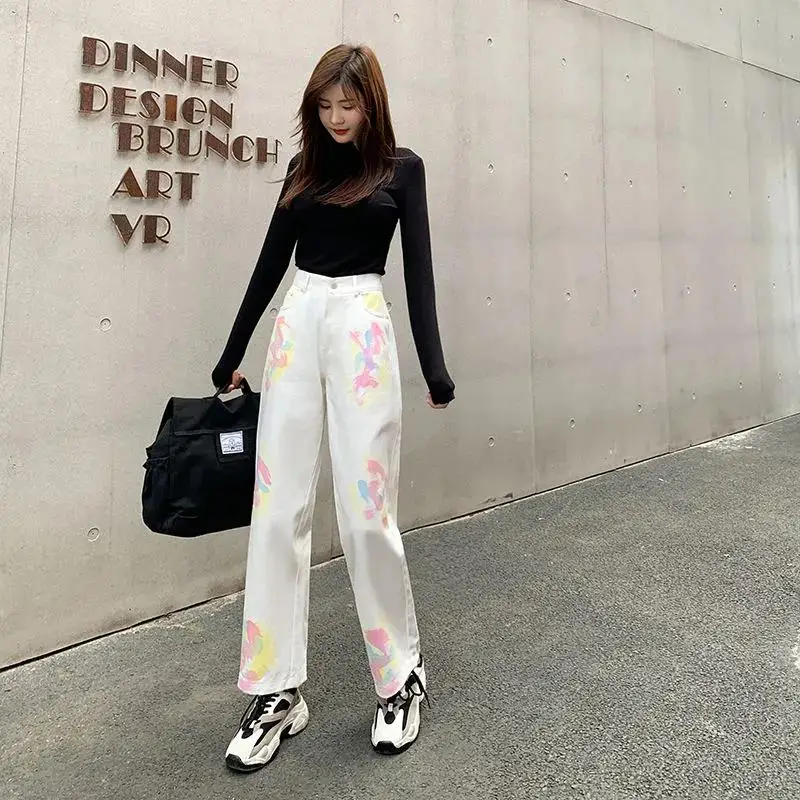 

Pants Female Women's Wide Leg Jeans Boyfriend Jean White Tie Dye Jeans Pants High Waist Mom Ripped Jeans Cool Stright Trousers