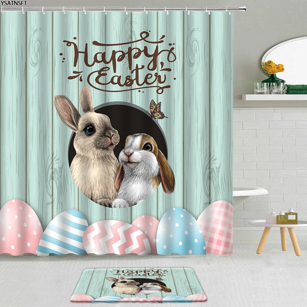 

2Pcs Happy Easter Eggs Shower Curtain Cartoon Rabbit Cute Elephant Pattern Fabric Decor Non-Slip Bath Mat Bathroom Curtains Set