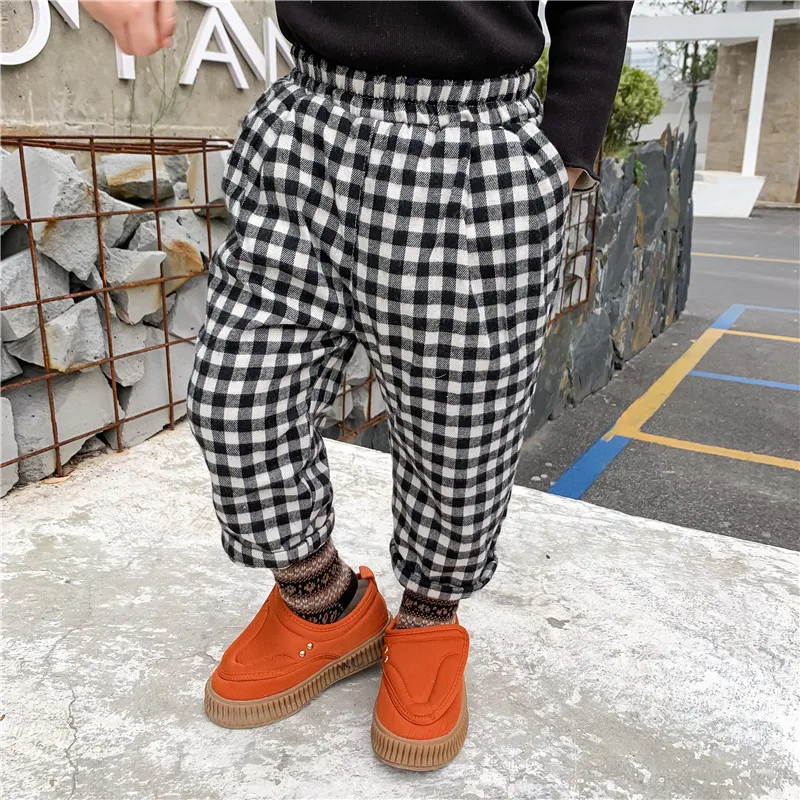 2019 г. Новые корейские штаны в клетку для мальчиков и девочек детские бархатные с