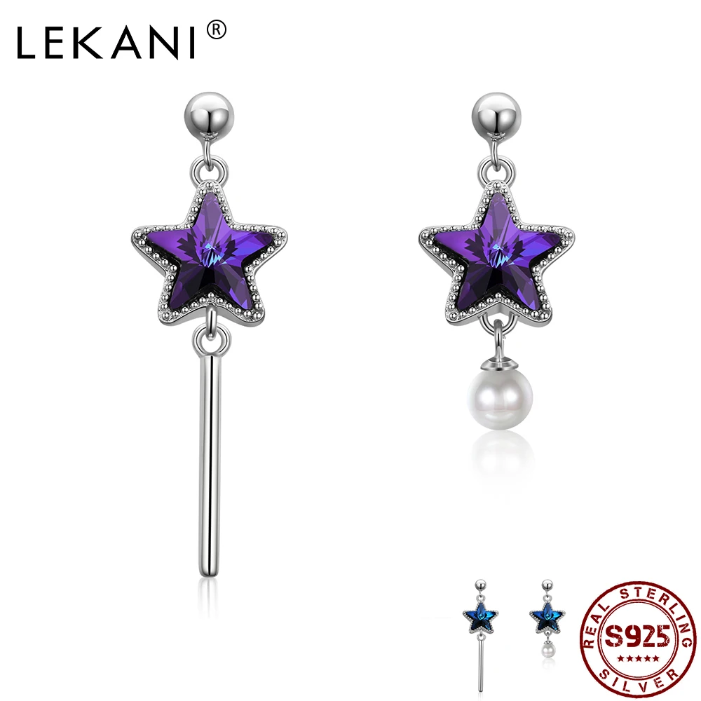 

LEKANI 925 Sterling Silver Earrings Crystal Five-pointed Star Cylinder And Pearl Drop Earring Classic Fine Jewelry For Women