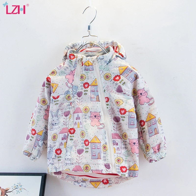 

LZH 2021 Childrens Clothing New Girls Windproof Waterproof Sweet Cartoon Cow Printing Jacket Double Zipper Casual Trench Coats