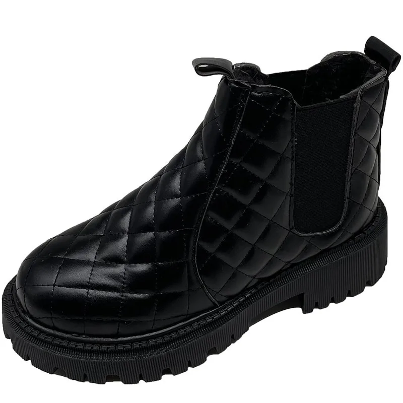 

Winter Warm Ankle Chelsea Boots Square Chunky Heel Plush Gingham Stretch Fabric Black Women Leather Slip-on Fur Shoes Boots