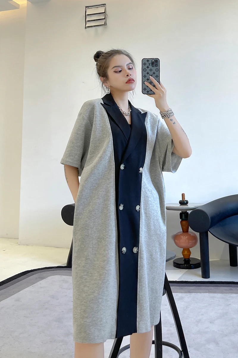 

SuperAen Gray Suit Collar Dress Female 2021 New Summer Stitching New Design Double Breasted New Design Loose Long Dress
