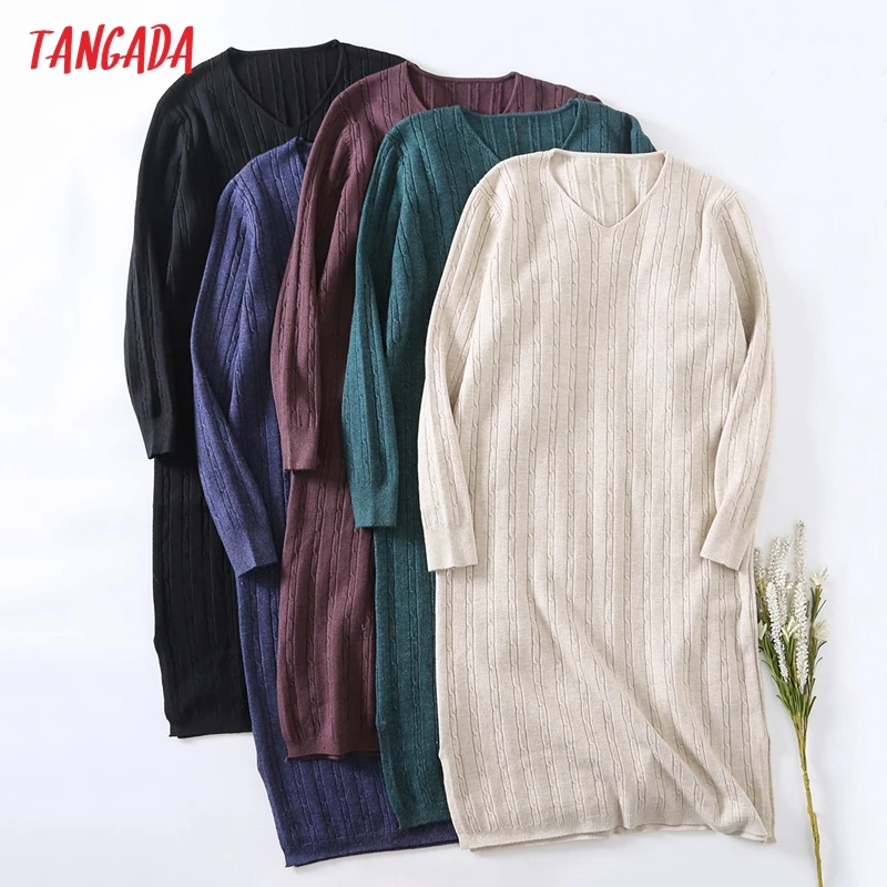 

Tangada Fashion Women Solid Twist Sweater Dress Loose Long Sleeve V Neck Ladies Warm Midi Dress 4H5
