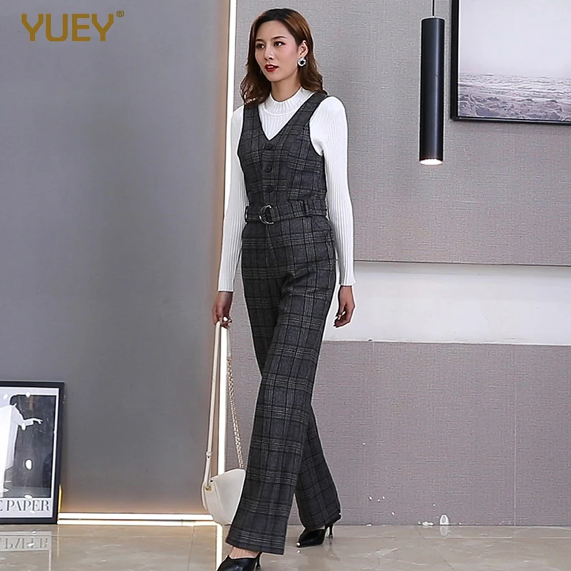 Женский шерстяной сарафан в клетку YUEY широкий комбинезон с высокой талией и v