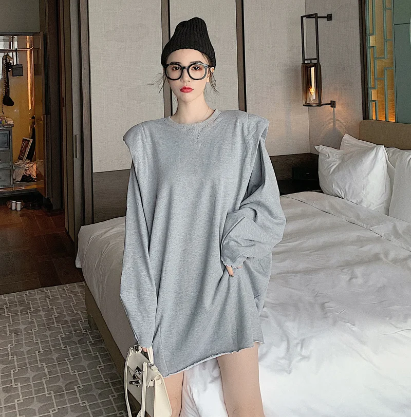 2020 весна и осень Новый длинный Свободный Повседневный однотонный круглый вырез