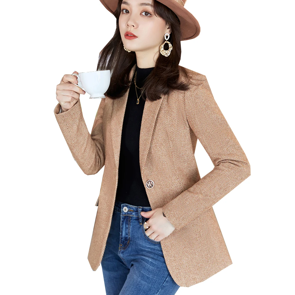 

High Quality Fashion Woman Ladies Gray Apricot Blazer Female Autumn Winter Outwear Casual Single Button Jackets Coat