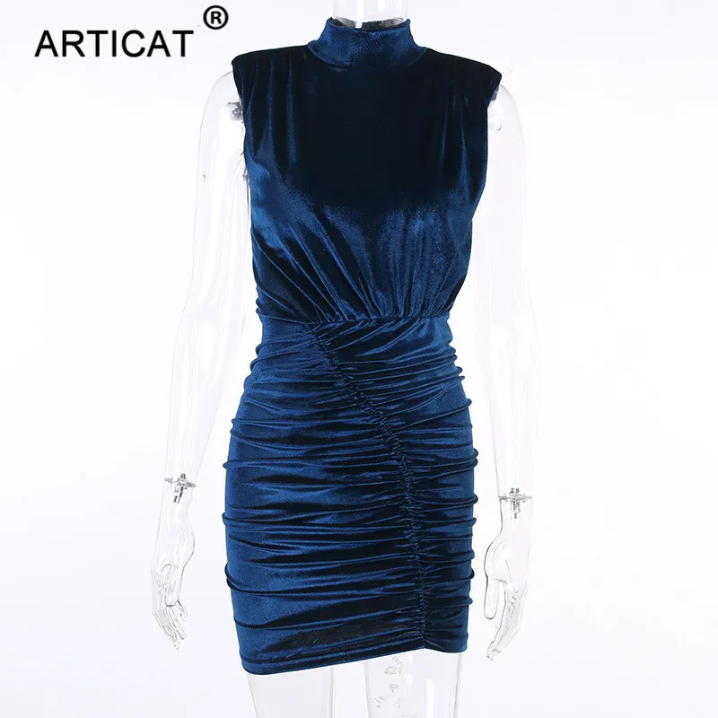 Articat Cotton Velvet Ruched Dress For Women Solid Round Collar Sleeveless Sexy Mini Dresses Ladies Autumn Party Club Vestidos | Женская
