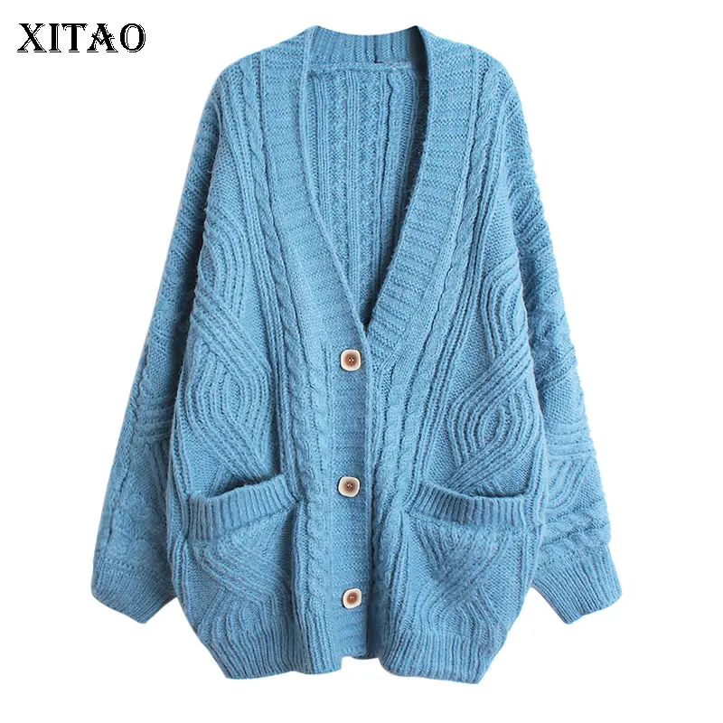 

XITAO Vintage Twist Knitting Women Cardigan Solid Color Casual Loose Larger Size V-neck Collar Women Top 2021 Autumn New WMD3417