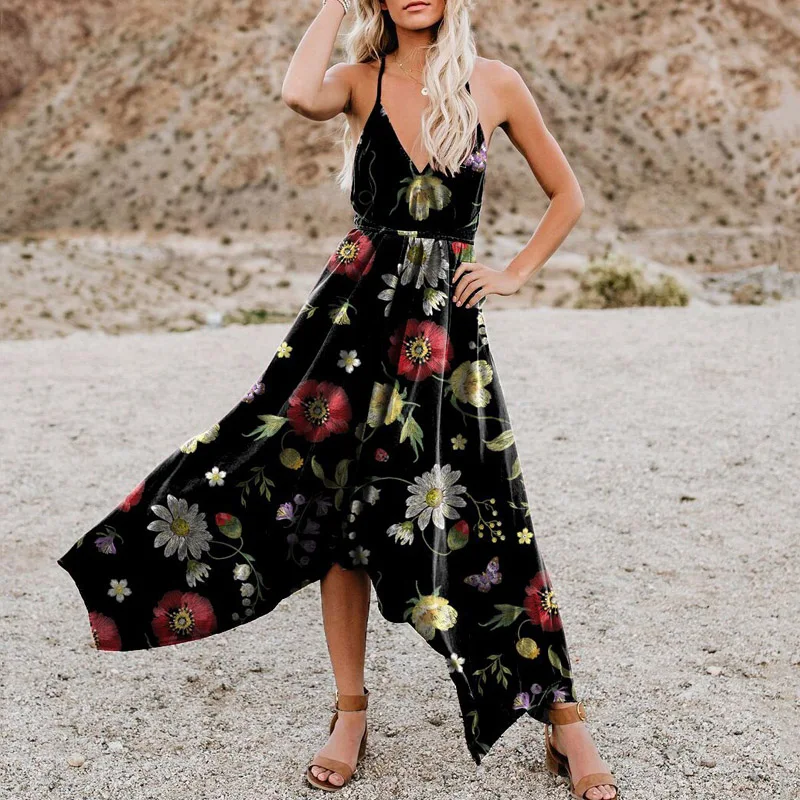 

2021 New Summer Sexy Deep V Neck Women Party Dress Floral Print Sleeveless Backlesss Dress Female Slim Fit Club Dress Vestidos