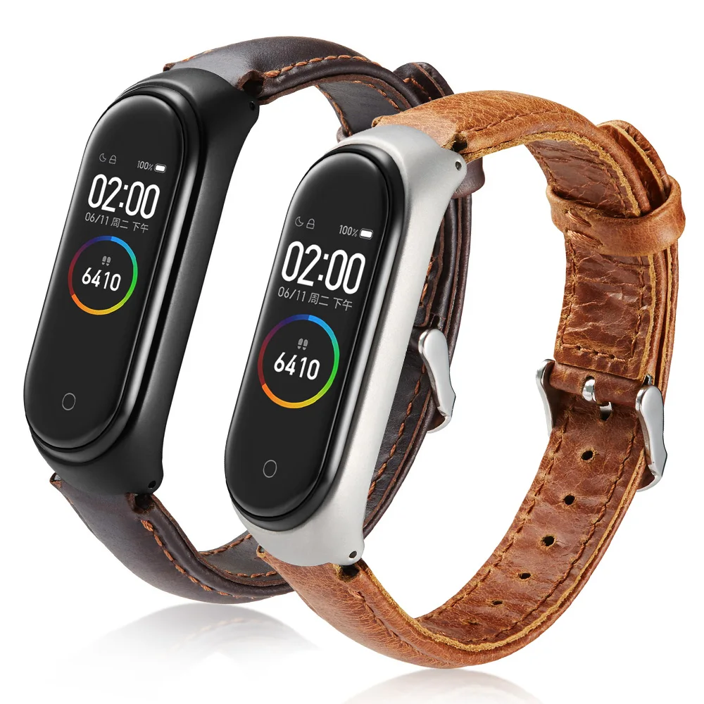 Ремешок кожаный для смарт часов Xiaomi Mi Band 6 5 4 3 браслет с рисунком Crazy Horse аксессуары
