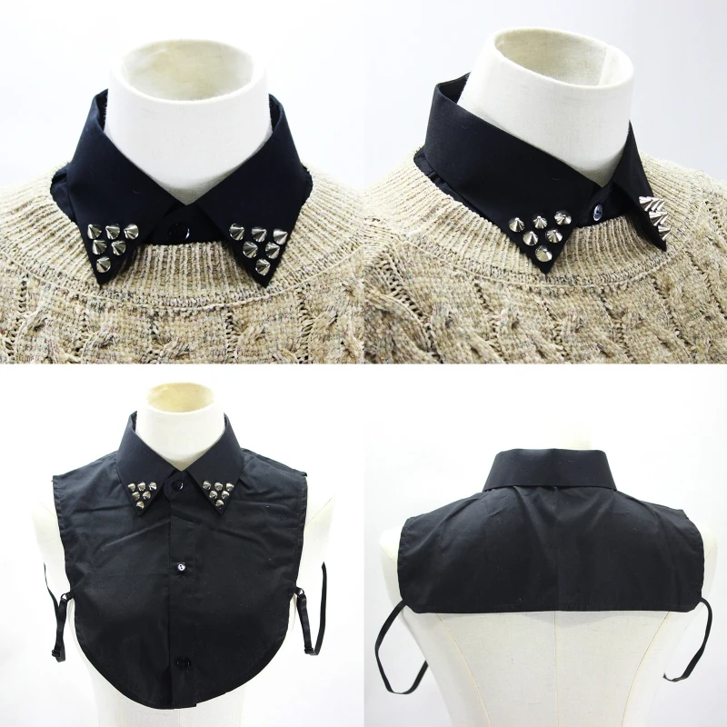 

Women Decorative Black Button False Fake Collar Punk Style Silver Spiked Rivets Studded Detachable Half Shirt Dickey