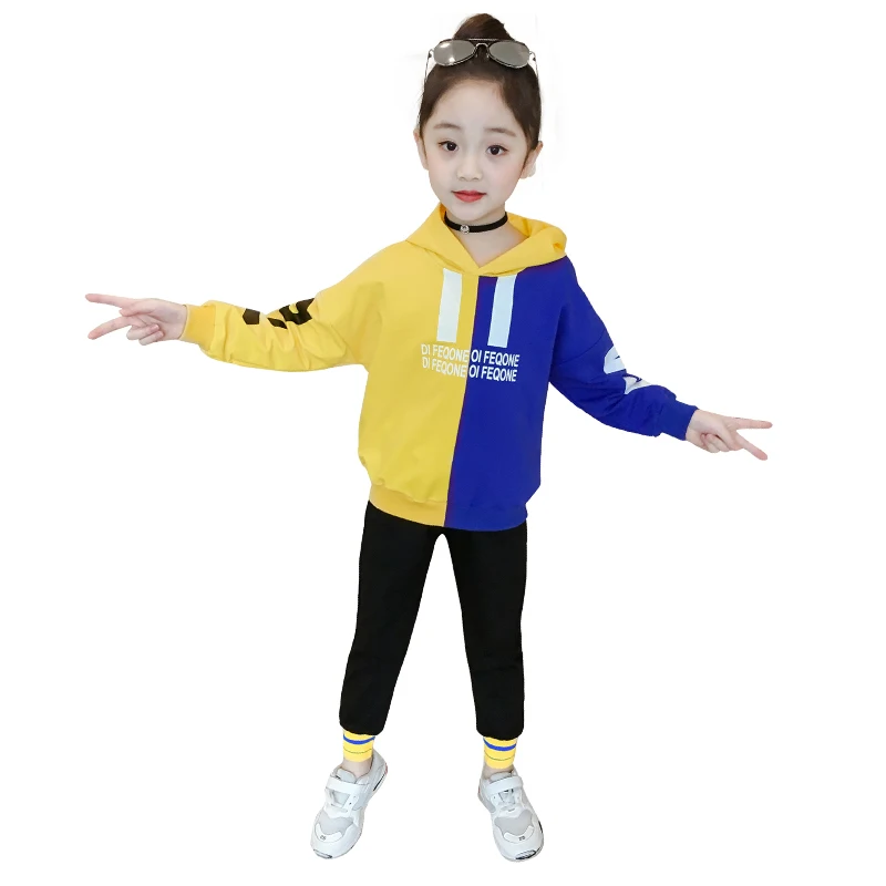 No drawstring yellow Модный комплект одежды для девочек, спортивный костюм для девочек-подростков весна года, осенние детские костюмы с длинными рукавами из 2 предметов комплекты для маленьких девочек возрастом 8, 10, 12 лет - Цвет: No drawstring yellow