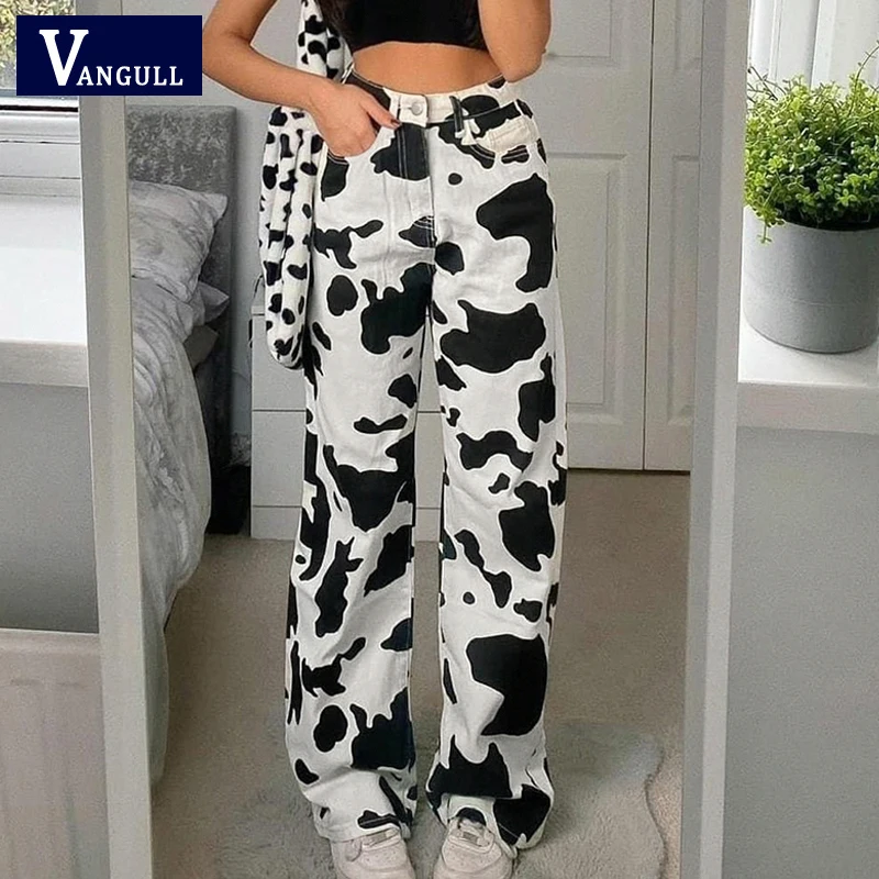 

Vangull Cow Print Denim Trousers Women Baggy Vintage Y2K High Waist Jeans Pockets Patchwork Straigh Pants Streetwear Lady Jeans