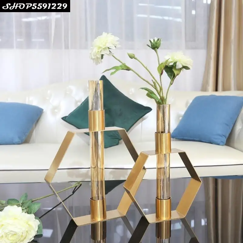 

Modern Golden Hexagonal Test Tube Vase Flower Arrangement Living Room Decoration Geometric Metal Glass Vase Home Decoration Gift
