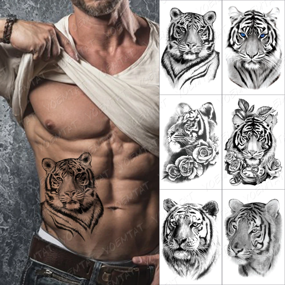 

Compass Lion Temporary Tattoo Sticker For Men Women Children flowers Tiger Wolf Demon Waterproof Fake Henna Skull Animal Body Ar