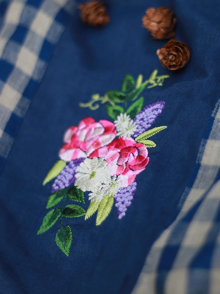 

vestidos Autumn Spring Women Vintage French Pastoral Style V-Neck Embroidery Plaid Cotton Linen Patchwork Long Cinderella Dress